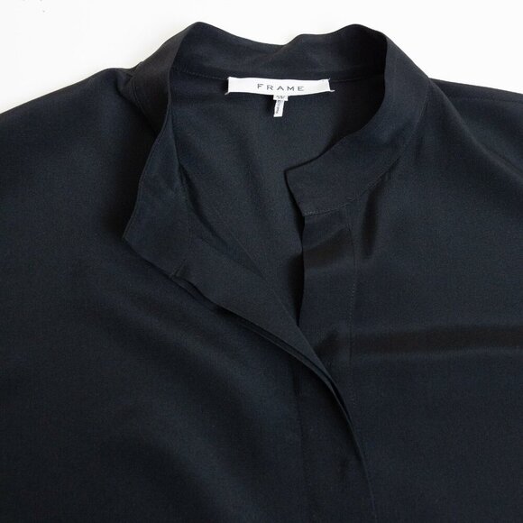 FRAME Silk Blouse Black Flounce Short Sleeve Top Button Up XS - Picture 6 of 14